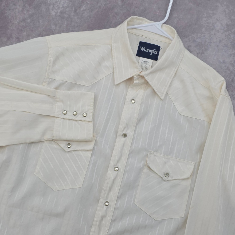 Wrangler Mens LT Western Pearl Snap Shirt White Jacquard Stripe Long Sleeve